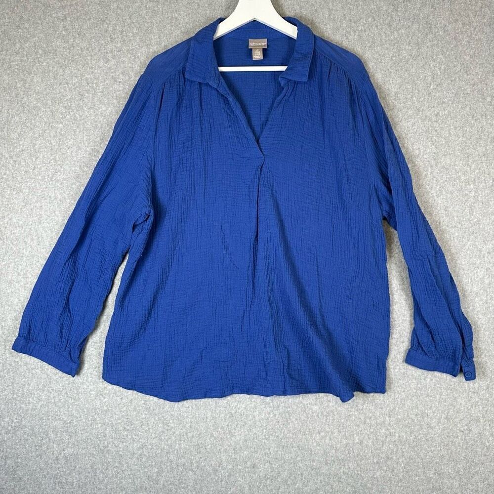 Chicos Women’s Size 3 Long Sleeve V Neck Gauze Blouse Blue Shirt Textured Top